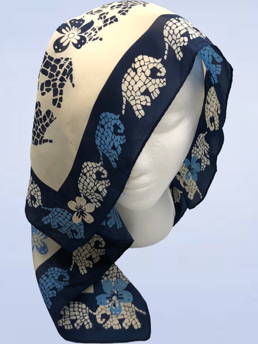Vintage Silk Square Scarf Blue Elephant Floral Print